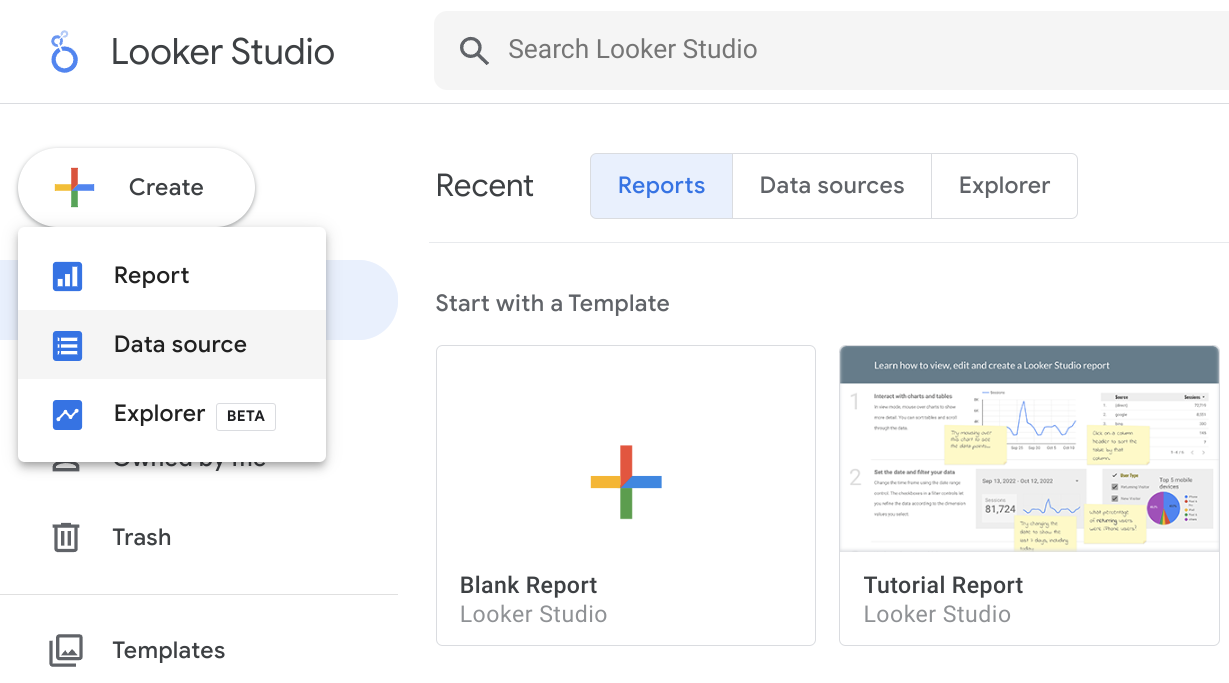 Creating a new data source in Looker Studio interface - Zoomed