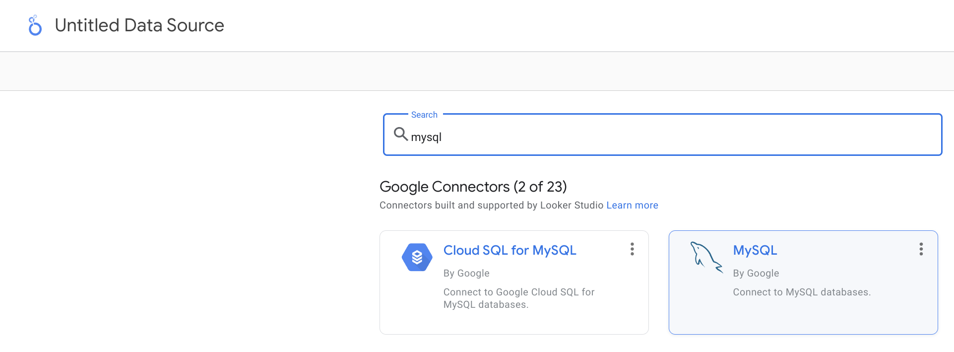 MySQL connector search in Looker Studio connectors list - Zoomed