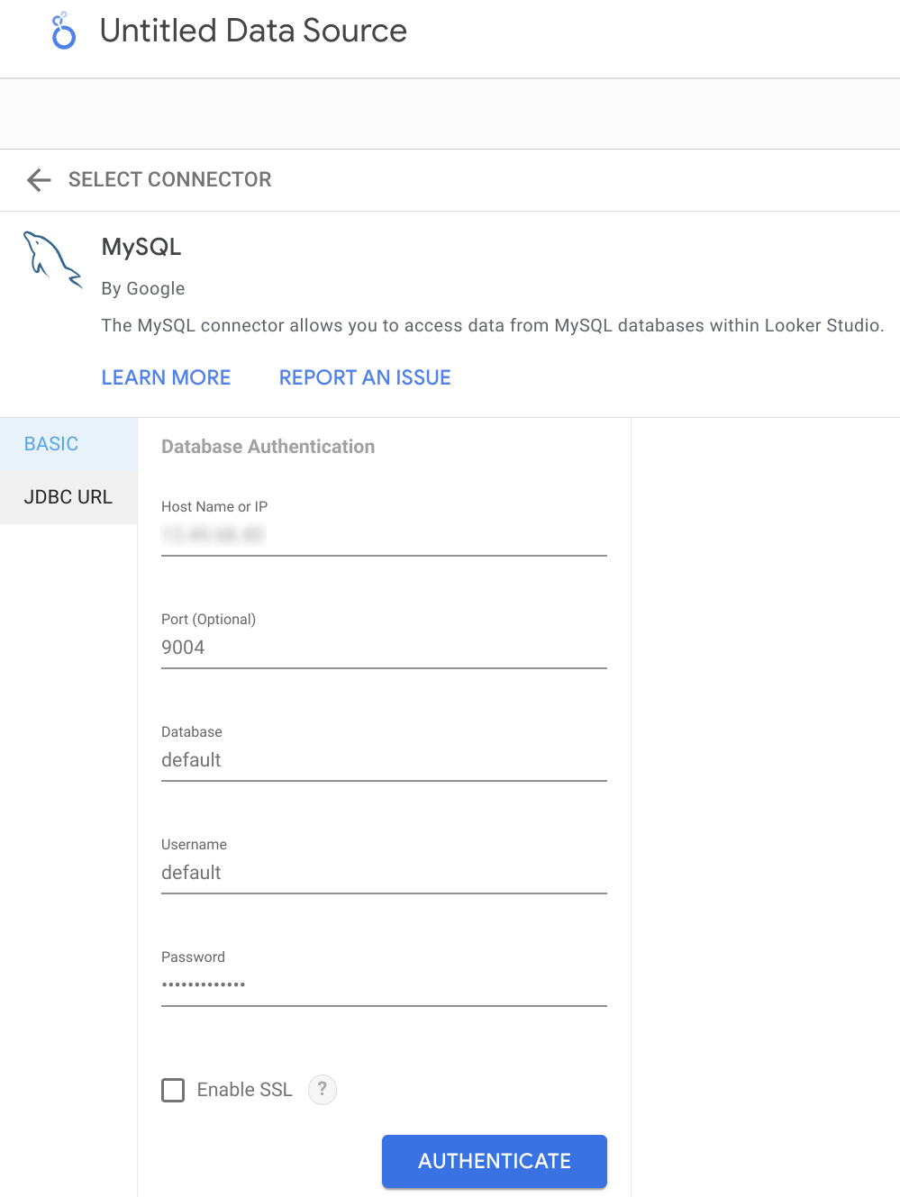 Specifying the ClickHouse MySQL connection details in Looker Studio - Zoomed