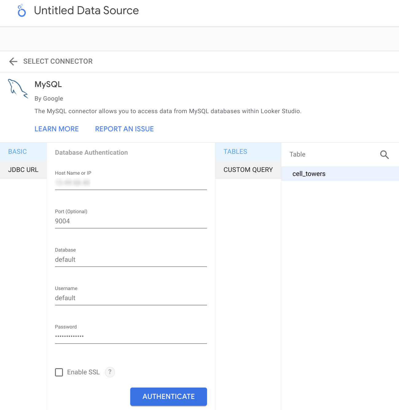 Using the Table Browser to select ClickHouse tables in Looker Studio - Zoomed
