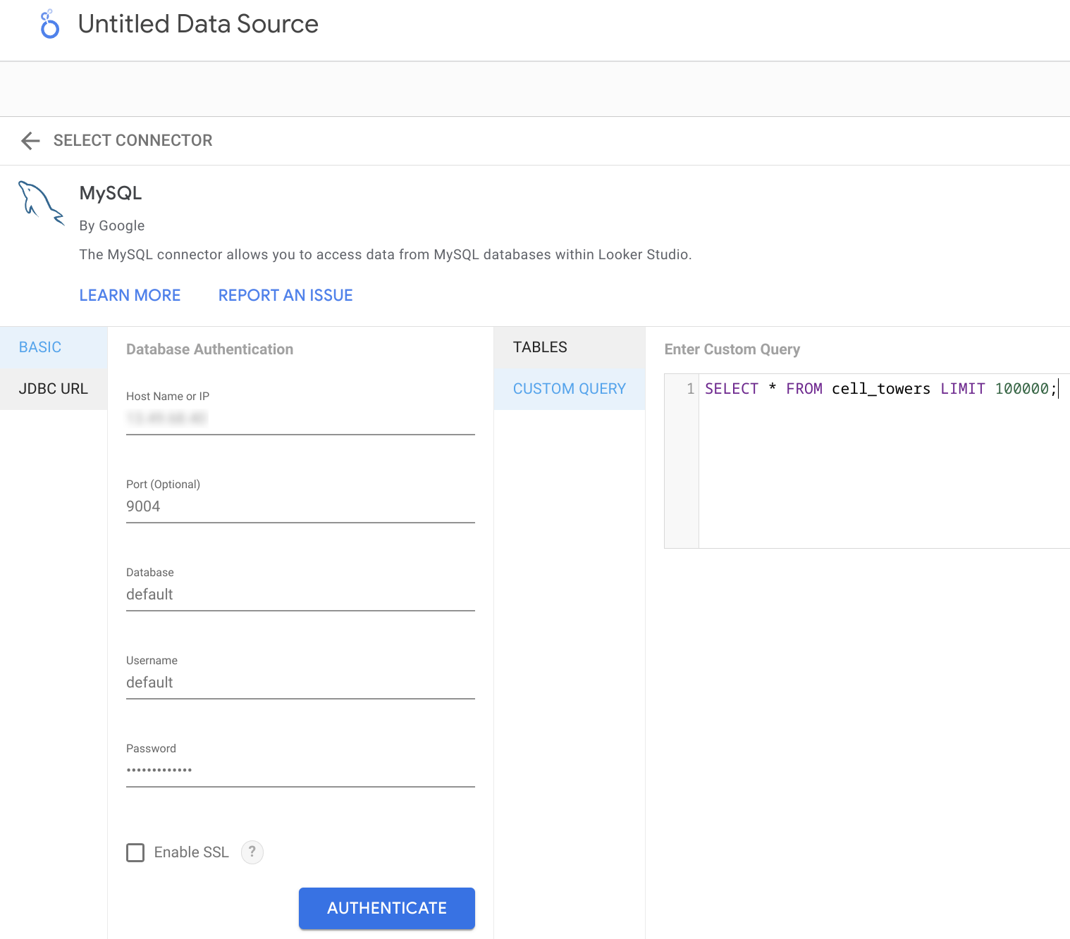 Using a custom SQL query to fetch data from ClickHouse in Looker Studio - Zoomed