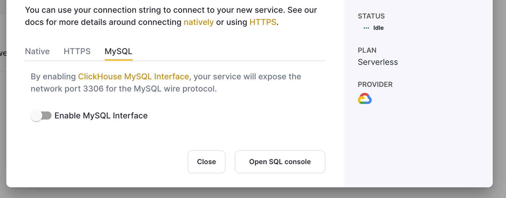 Enabling MySQL interface in ClickHouse Cloud settings - Zoomed