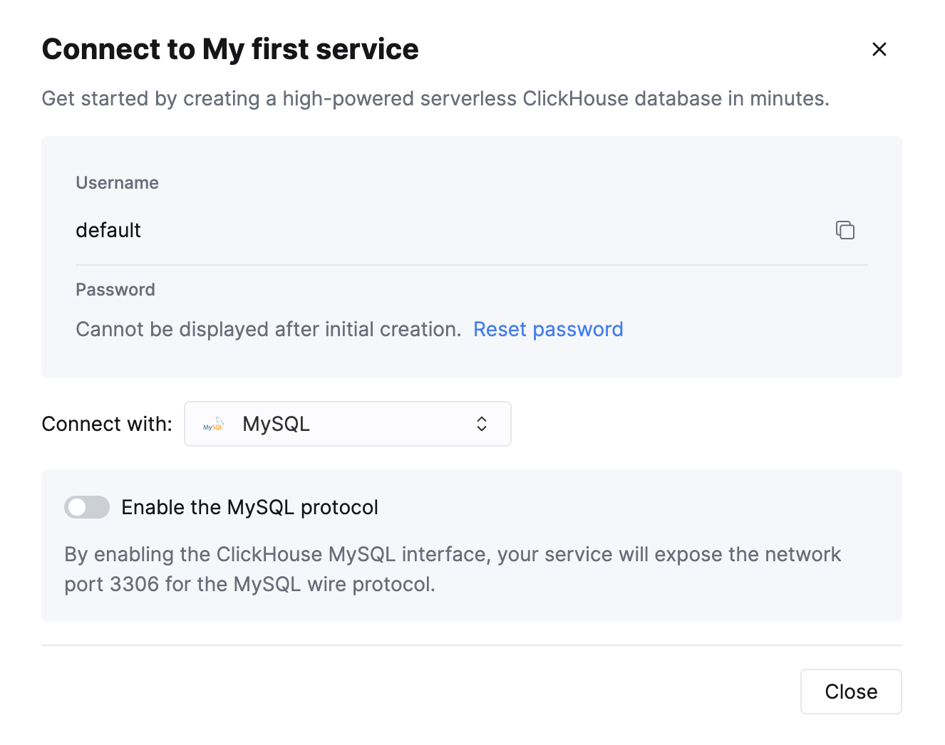 ClickHouse Cloud connection screen showing MySQL option selection - Zoomed